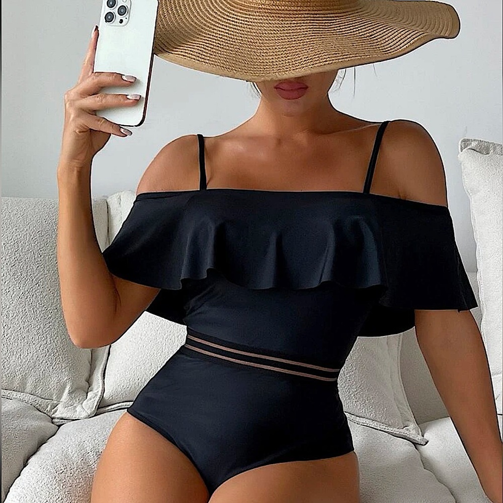 Ruffle Mesh Trim One piece Swimsuit